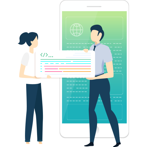 Sviluppo app mobile smart: illustrazione di programmatori che creano codice per applicazione business su smartphone