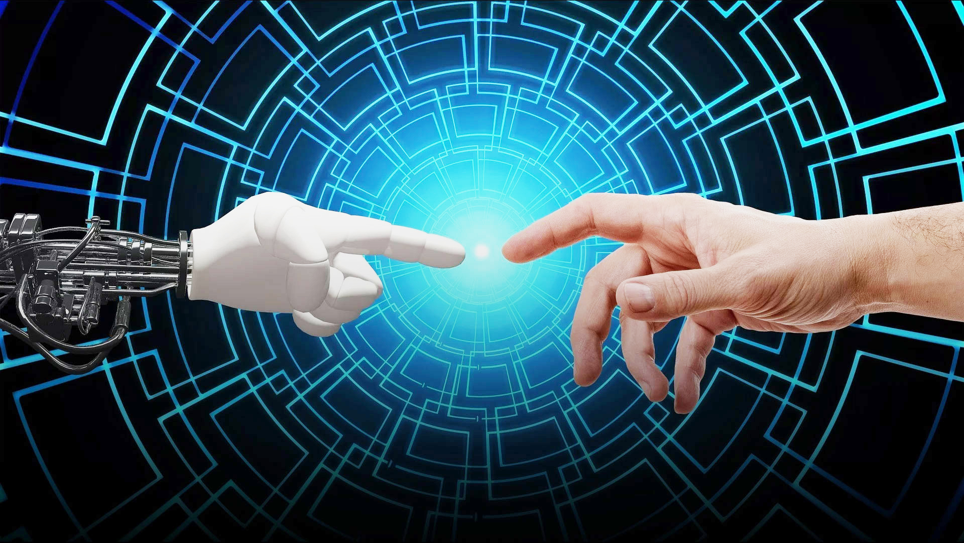 Intelligenza artificiale e tecnologia aziendale: mano robotica e mano umana si toccano, simbolo dell'innovazione digitale per le aziende del futuro