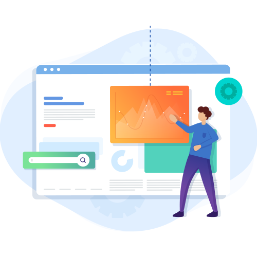 User experience e analisi dati web: illustrazione di ottimizzazione UX con grafici di crescita e ricerca SEO