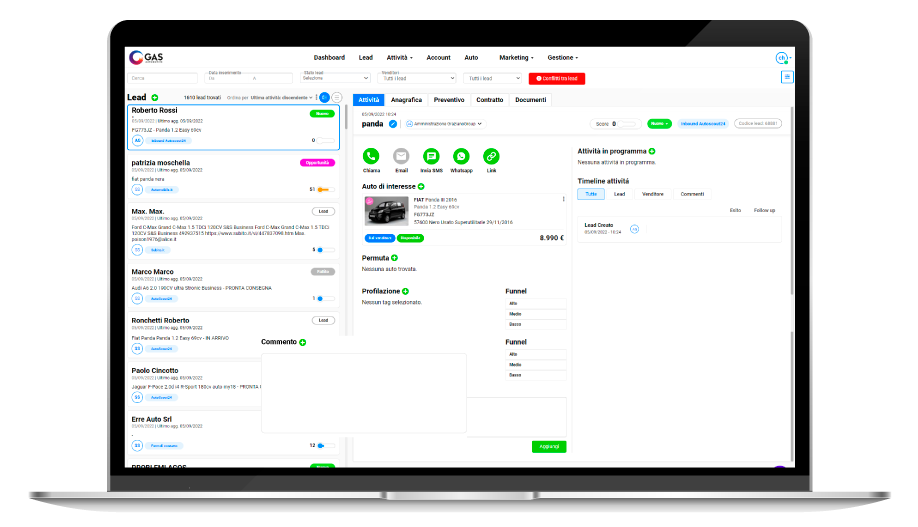 Schermata di gestione lead del CRM GAS Automotive con indicazioni predittive