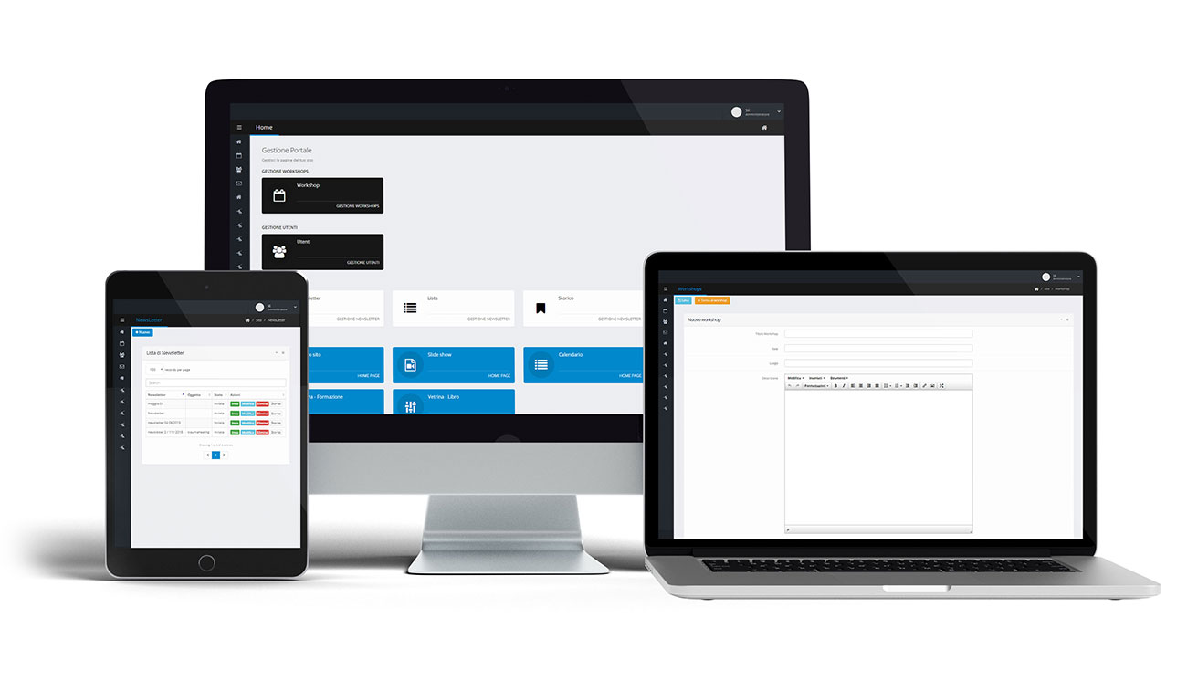 Pannello di controllo del CMS custom di Somatic Experiencing Italia su desktop, tablet e notebook