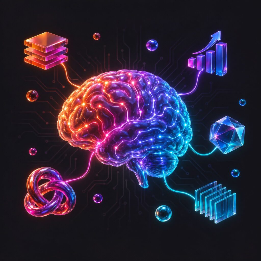 Cervello digitale con circuiti luminosi collegato a elementi di dati e analisi — soluzioni di intelligenza artificiale per aziende Woodoo