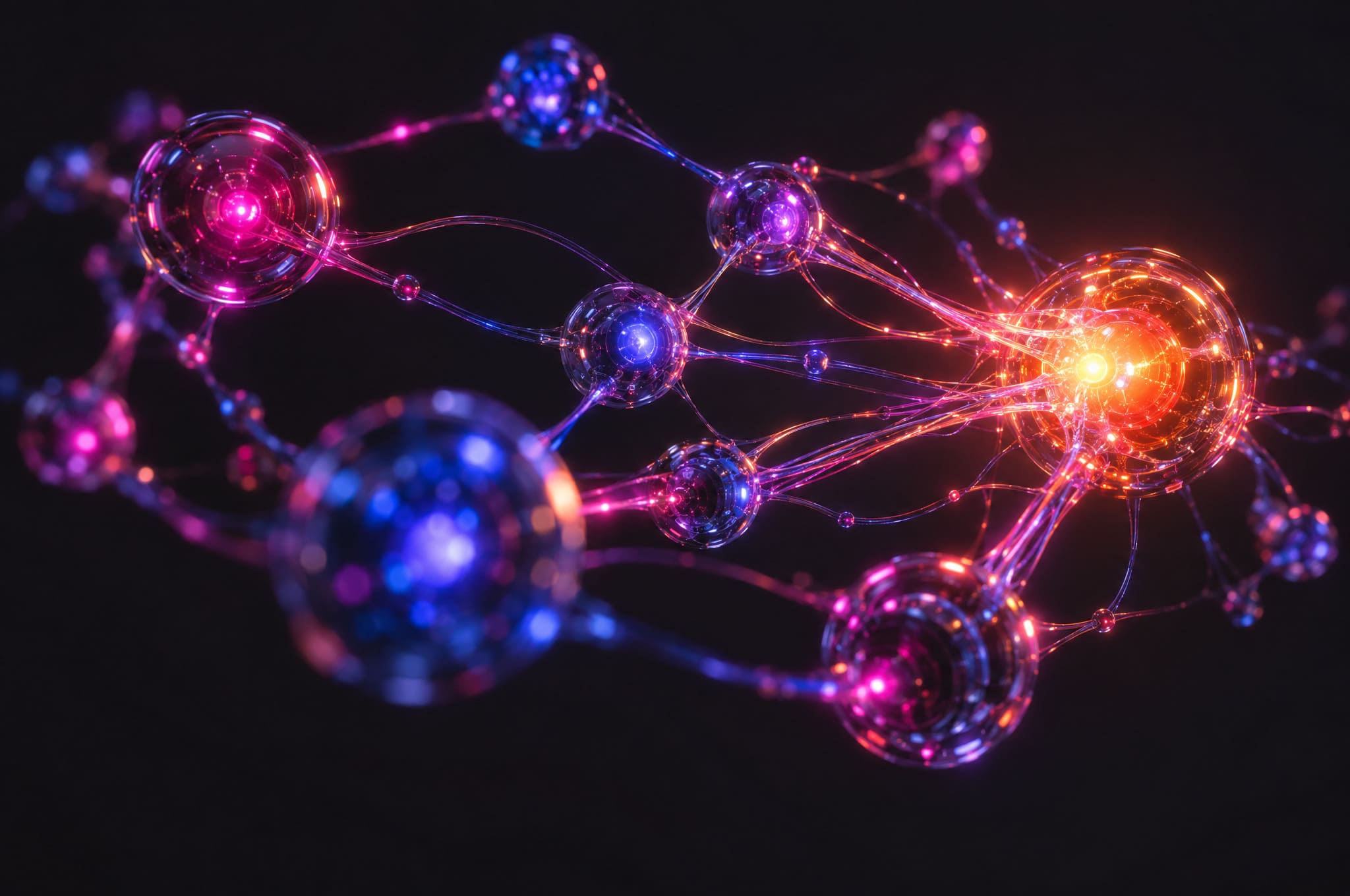 Moduli digitali collegati che convergono verso un nucleo luminoso — ecosistema di soluzioni digitali integrate Woodoo