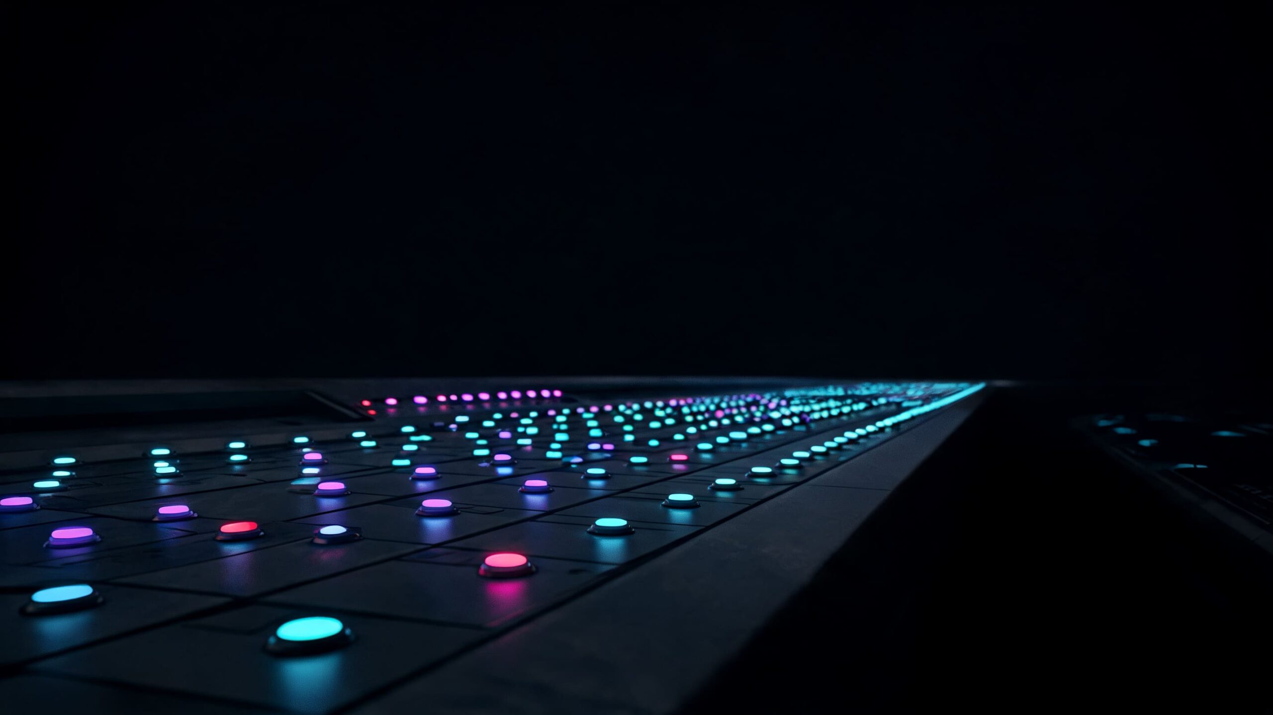 Console con indicatori luminosi allineati — visione d'insieme e pieno controllo sulle attività aziendali